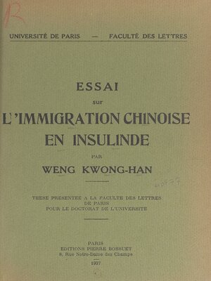 cover image of Essai sur l'immigration chinoise en Insulinde